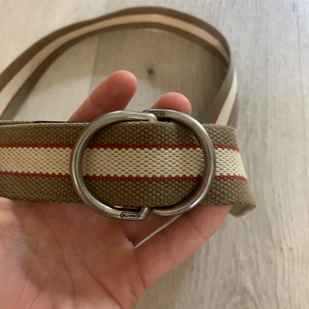Coach Mens Striped Webbing D-Ring Belt Khaki Red Cream Canvas Leather Trimβ